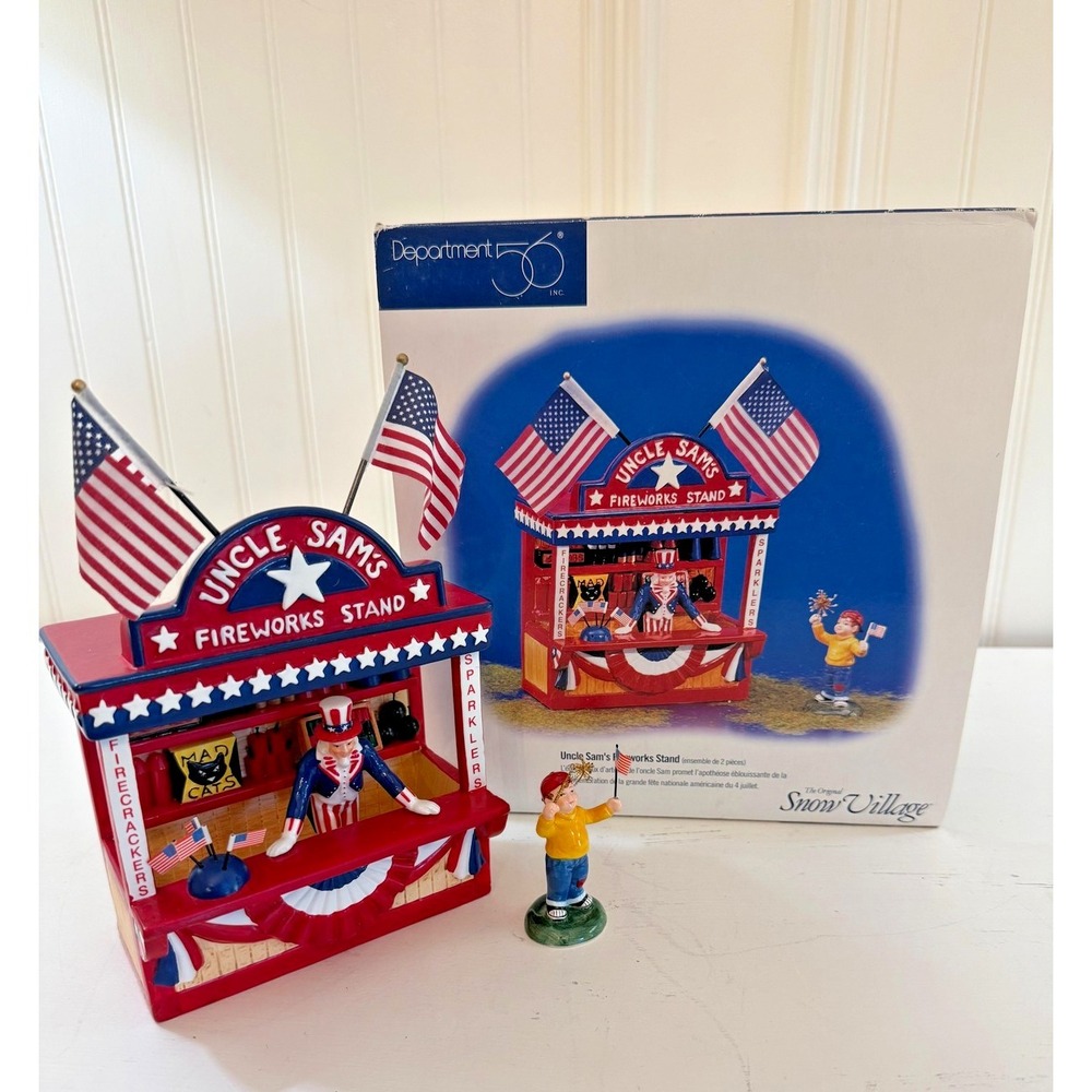 Dept 56 Uncle Sam's Fireworks Stand 2Pc Figures July 4th #54974 Retired